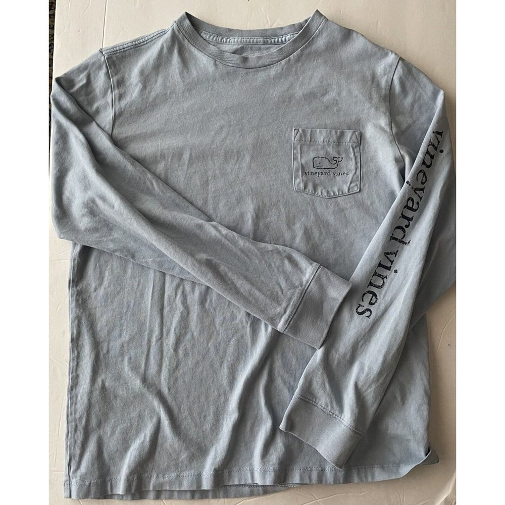 Vineyard Vines Boys M 12 14 T-shirt Long Sleeve Vintage Whale Pocket Light Blue